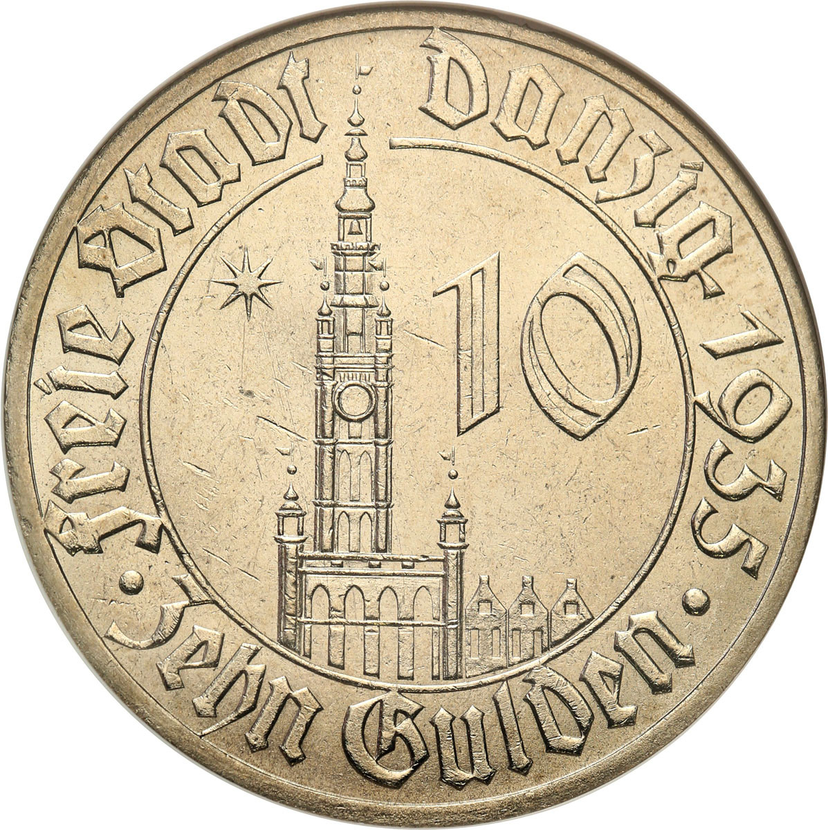 Wolne Miasto Gdańsk / Danzig. 10 Guldenów 1935 Ratusz NGC MS63 - RZADKIE